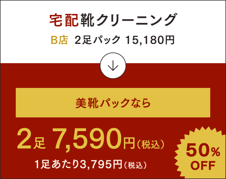 宅配靴クリーニング B店 2足パック 15,180円 → 美靴パックなら2足7,590円（税込） 1足あたり3,795円（税込） 50%OFF