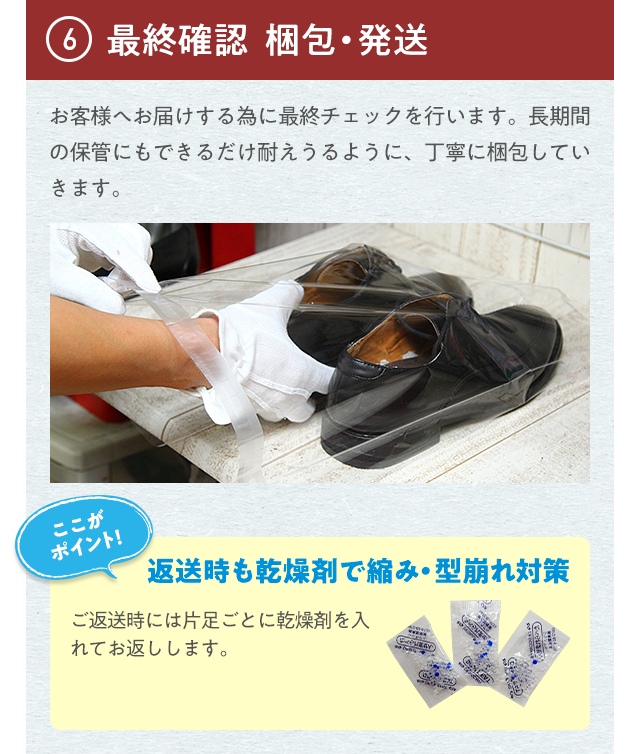 ⑥最終確認  梱包・発送 お客様へお届けする為に最終チェックを行います。長期間の保管にもできるだけ耐えうるように、丁寧に梱包していきます。