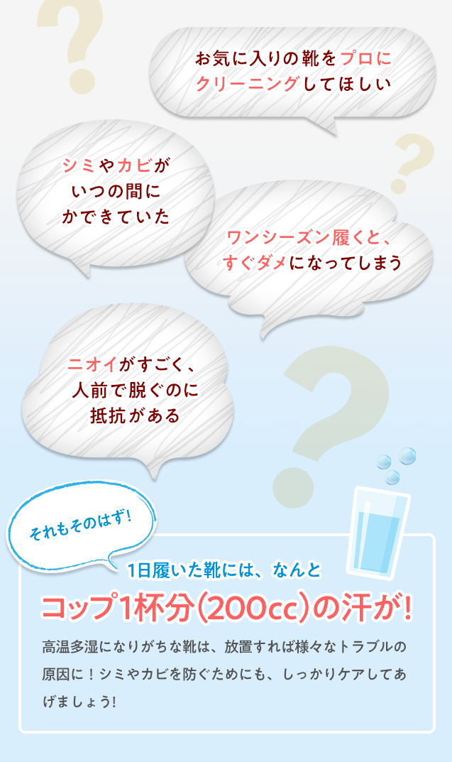 お気に入りの靴をプロに
クリーニングしてほしい シミやカビがいつの間にかできていた ワンシーズン履くと、
すぐダメになってしまう ニオイがすごく、人前で脱ぐのに抵抗がある