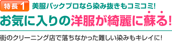 特長1 美服パックプロなら染み抜きもコミコミ！お気に入りの洋服が綺麗に蘇る！